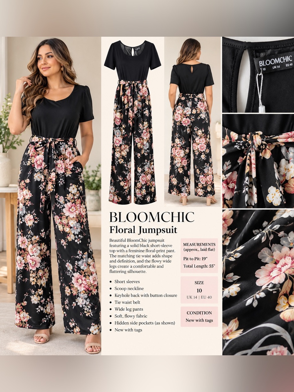 BloomChic Black Floral Wide-Leg Jumpsuit with Tie Waist